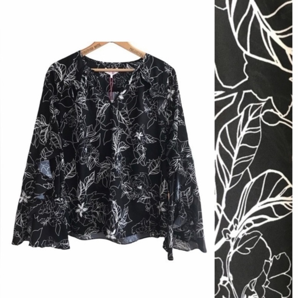 Parker Black White Floral Print Flowy Ruffle Blouse Top Medium